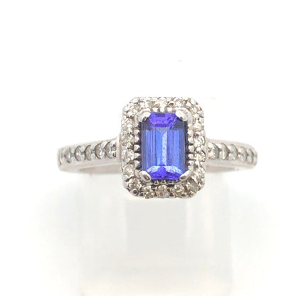 Designer 14K White Gold Emerald Cut Tanzanite Diamond Halo Engagement Ring