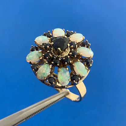 Estate 14K Yellow Gold Sapphire Opal Princess Empire Stacked Dome Cocktail Ring