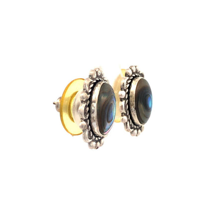 Vintage 925 Sterling Silver Oval Abalone Cabochon Beaded Scroll Stud Earrings