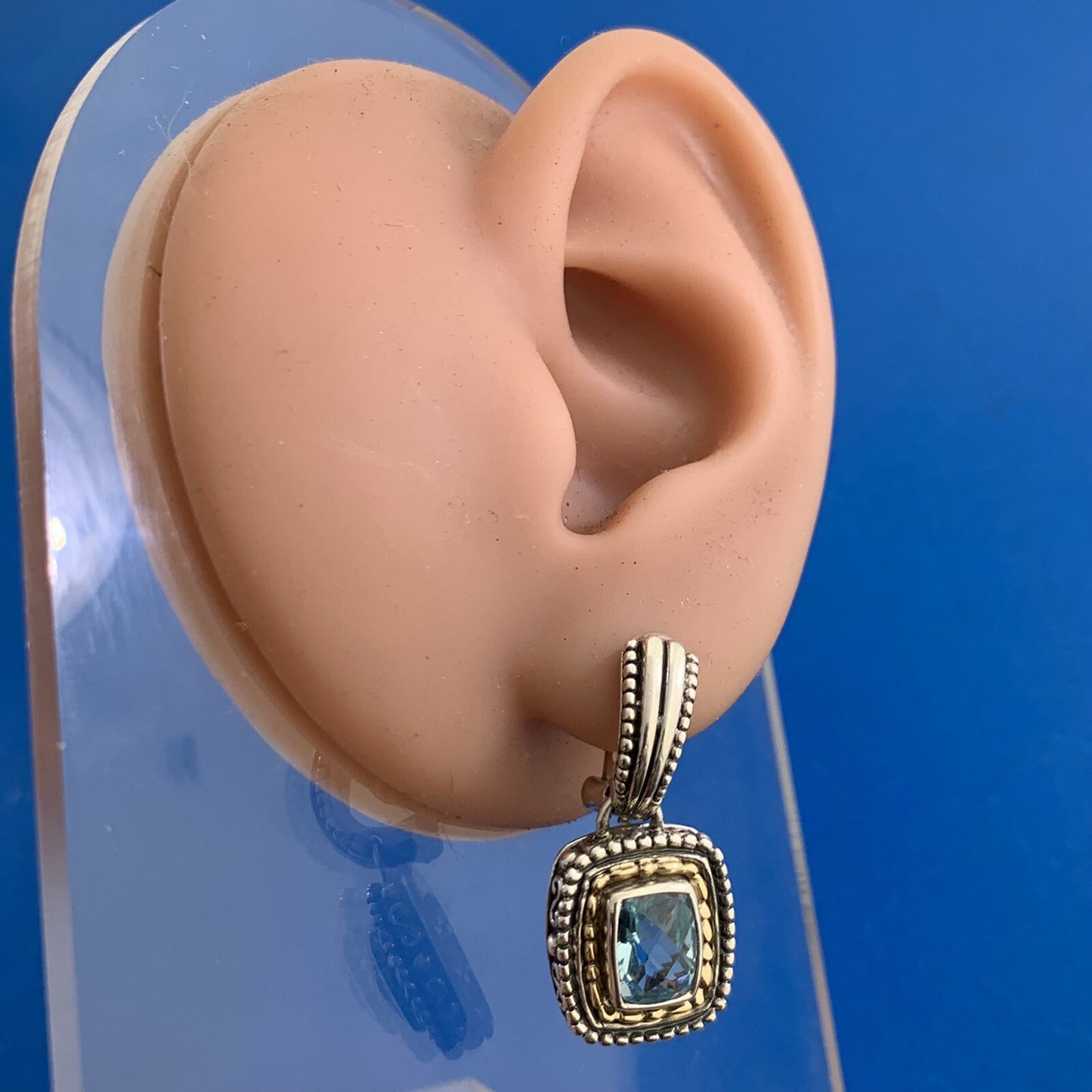 Designer 925 Sterling Silver 14K Gold Cushion Cut Blue Topaz Omega Back Earrings