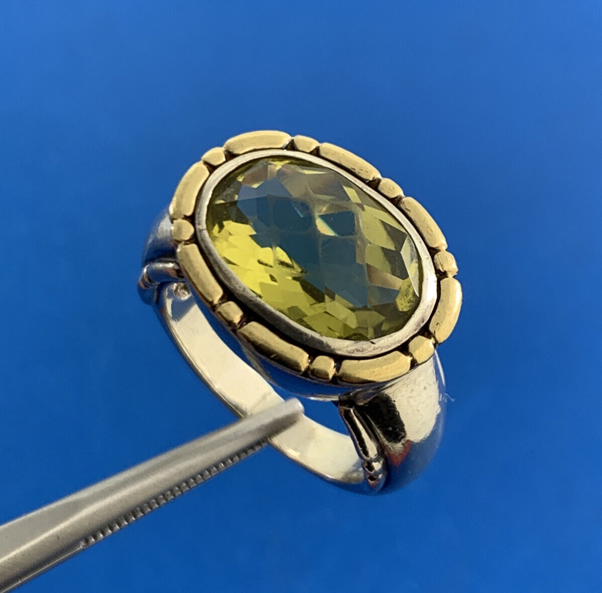 Designer Sterling Silver 18K Yellow Gold Oval Peridot Statement Cocktail Ring