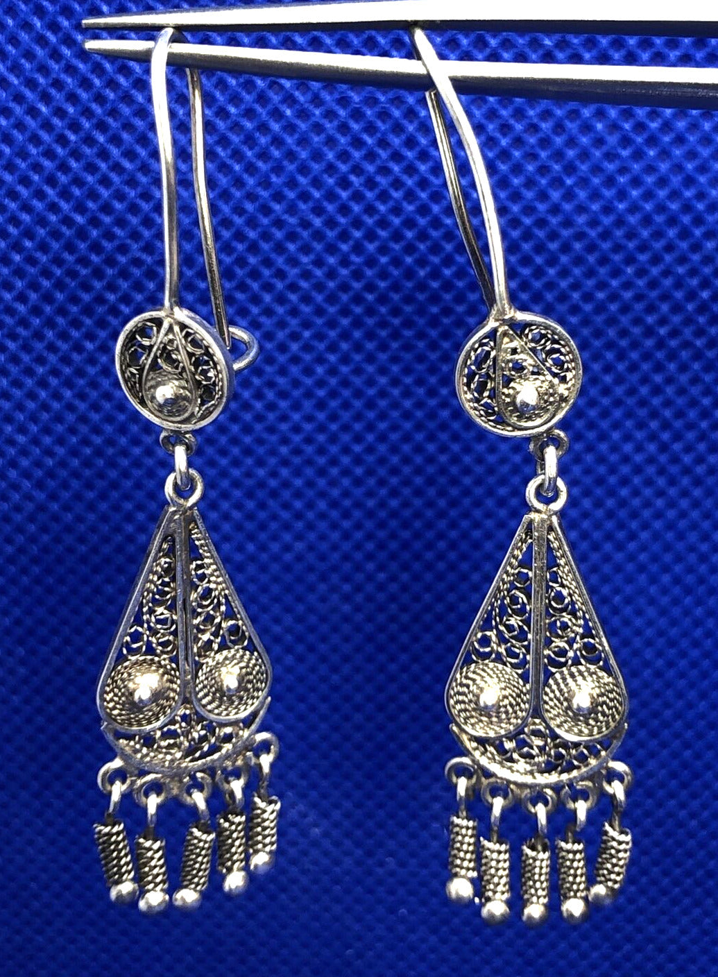 Beaded Filigree 925 Sterling Silver Dangle Drop Hook Earrings
