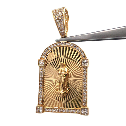 Custom 10K Yellow Gold Cut Cubic Zirconia Madonna Religious Statement Pendant