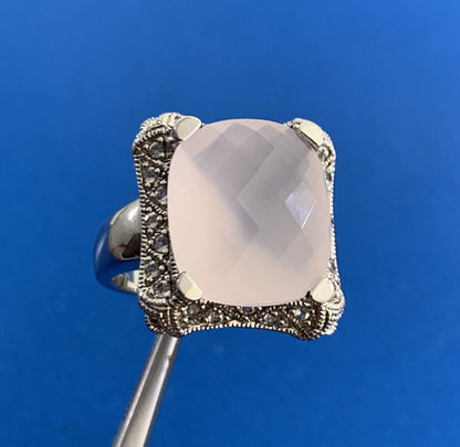 Estate Cushion Cut Rose Quartz Sterling Silver Diamond Accents Statement Ring