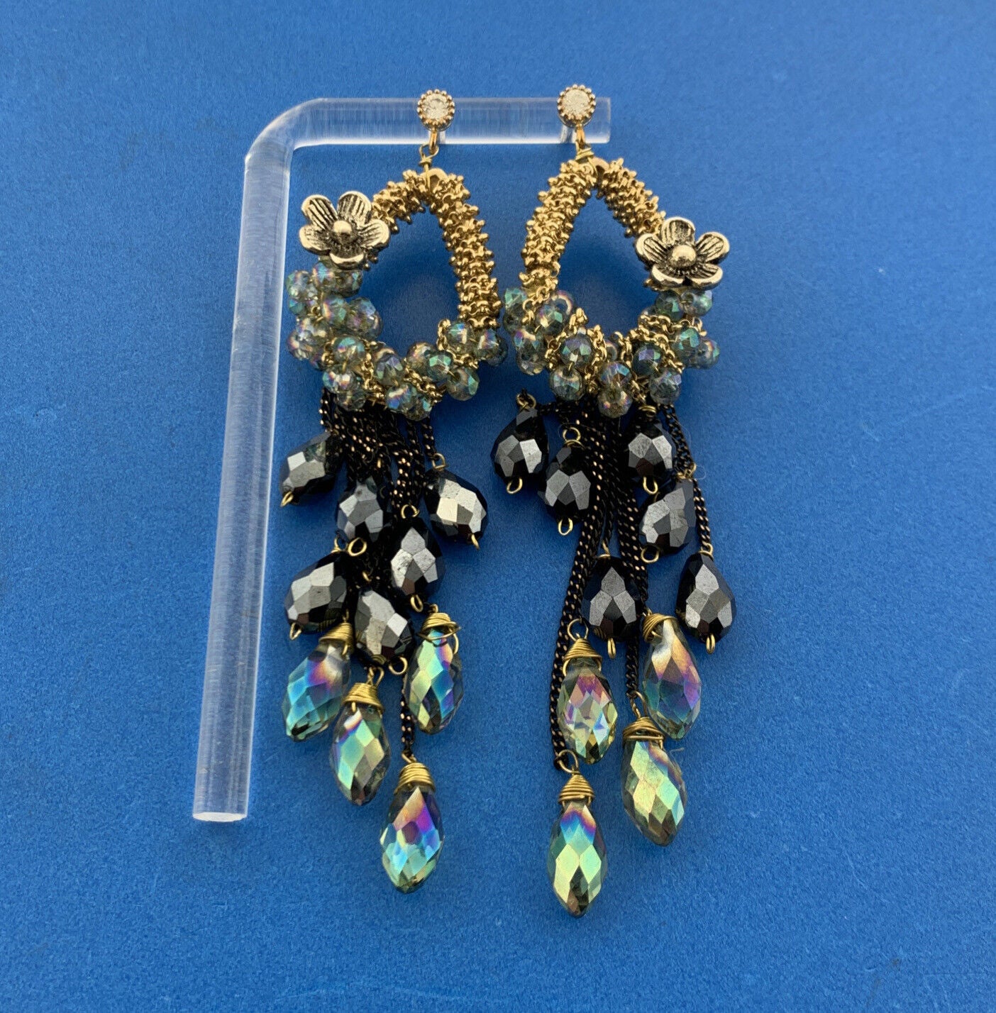 Gold Silver Tone Multi Colored Crystal Statement Pear Hoop Drop Dangle Earrings