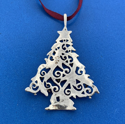 Designer Sterling Silver Amethyst Heart Scroll Christmas Tree Ornament Pendant