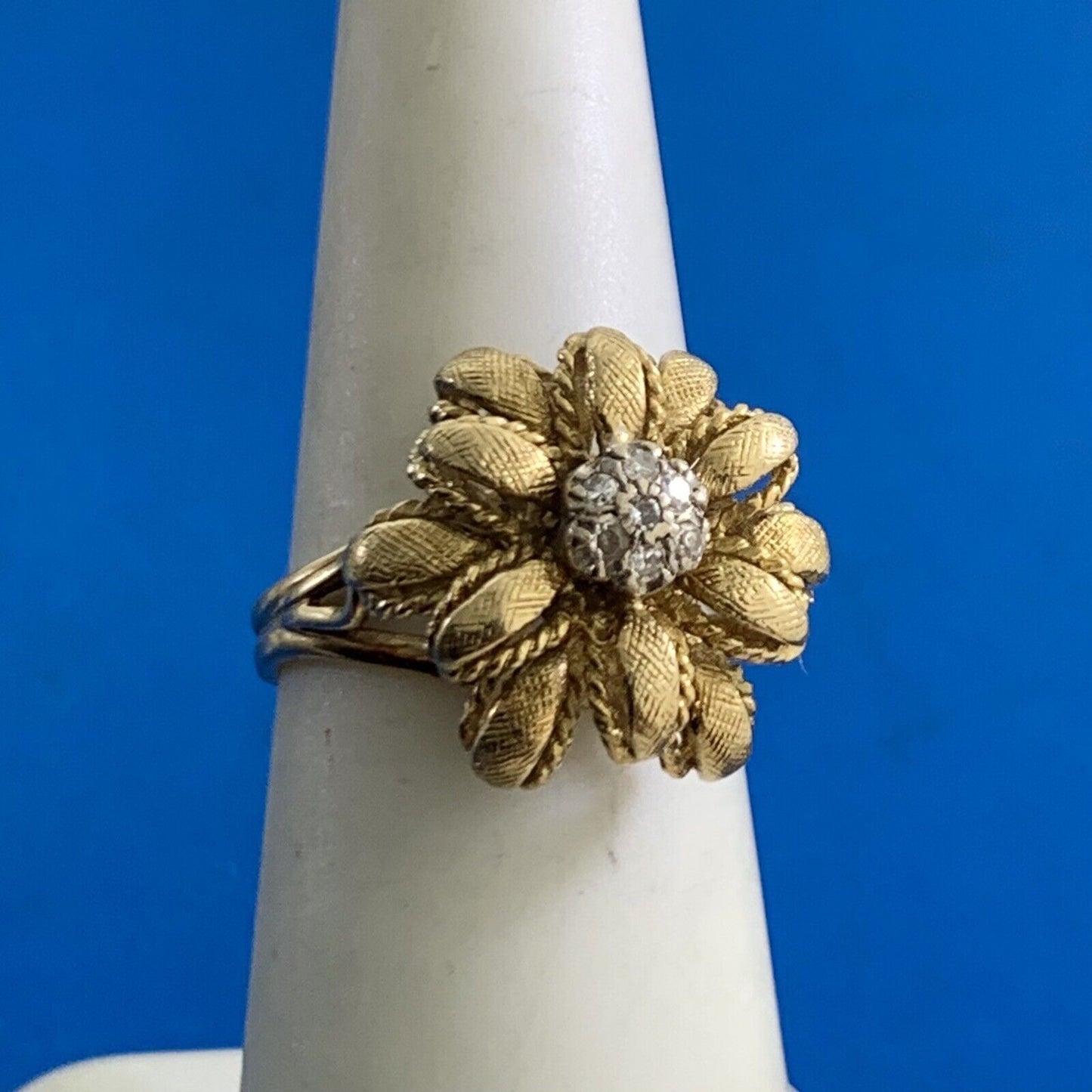 Vintage Designer 18K Yellow Gold Diamond Three Dimensional Flower Cocktail Ring