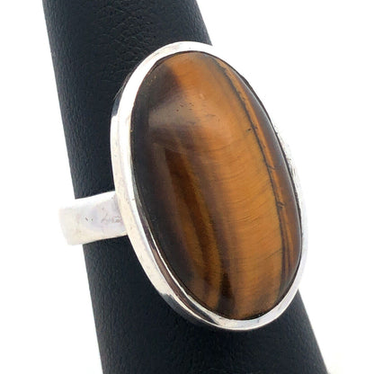 Designer 925 Sterling Silver Oval Tiger's Eye Cabochon Statement Ring