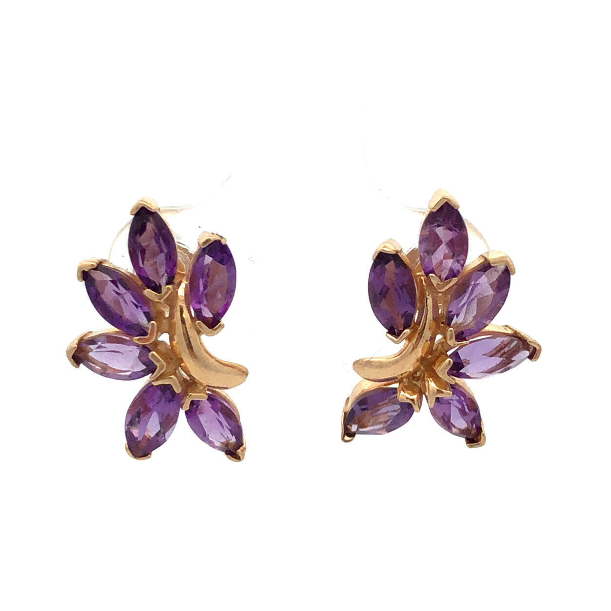 Designer TK 14K Yellow Gold Marquise Amethyst Floral Statement Stud Earrings
