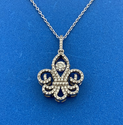 Designer 925 Sterling Silver Floating Cubic Zirconia Fleur De Lis Necklace
