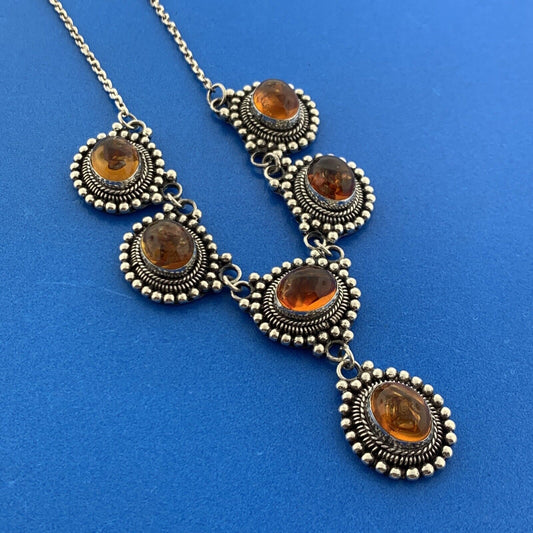 Vintage 925 Sterling Silver Oval Amber Cabochon Bead Work Drop Necklace