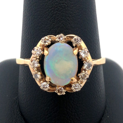 Gorgeous 14k Yellow Gold Cabochon White Light Opal Diamond Halo Ring Size 10.75