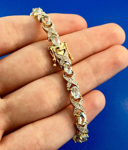 Designer DBJ Sterling Silver 925 Vermeil Blue Topaz Diamond X O Tennis Bracelet