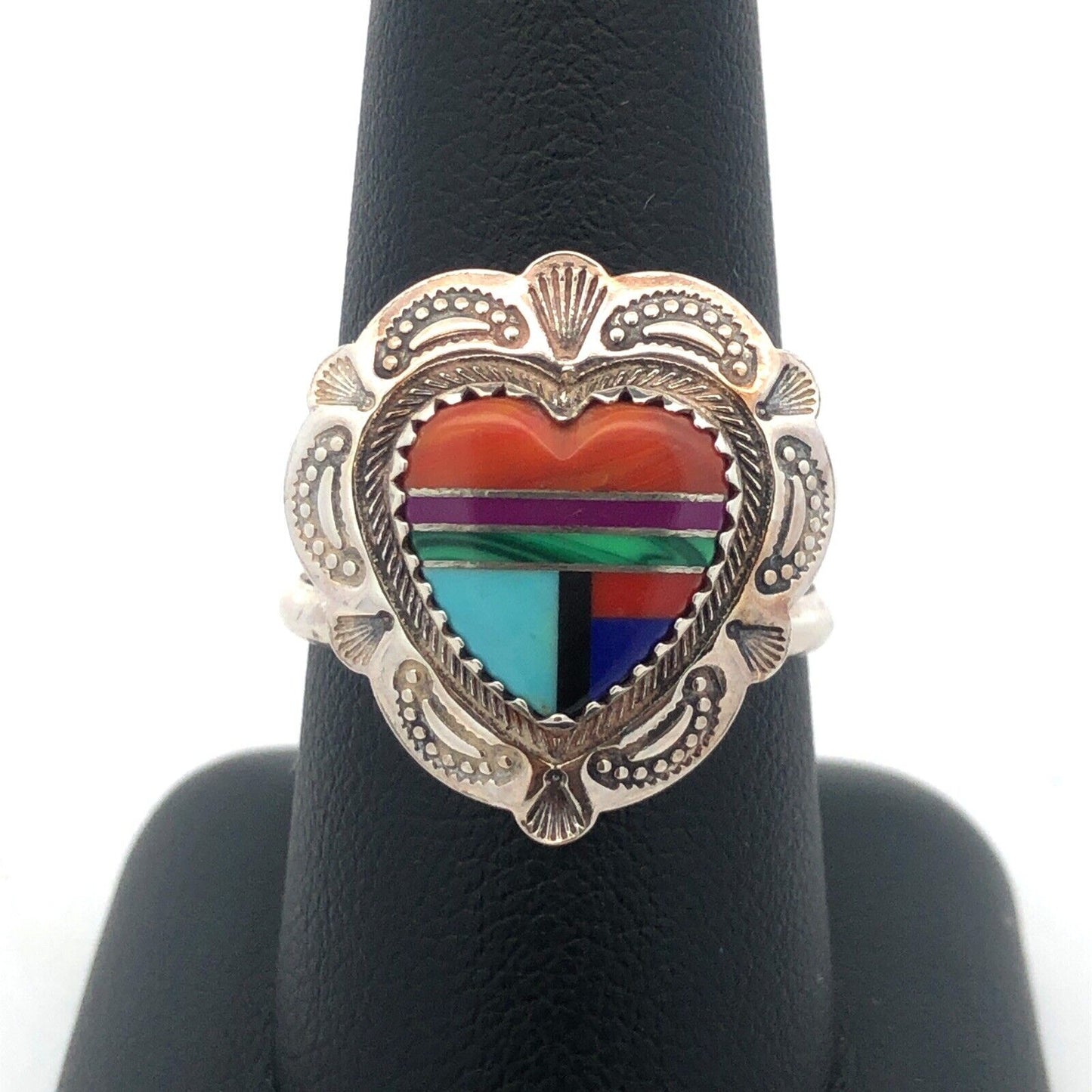 Quoc Turquoise Inc 925 Sterling Silver Mixed Gemstone Inlay Heart Concho Ring