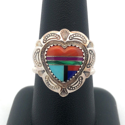 Quoc Turquoise Inc 925 Sterling Silver Mixed Gemstone Inlay Heart Concho Ring
