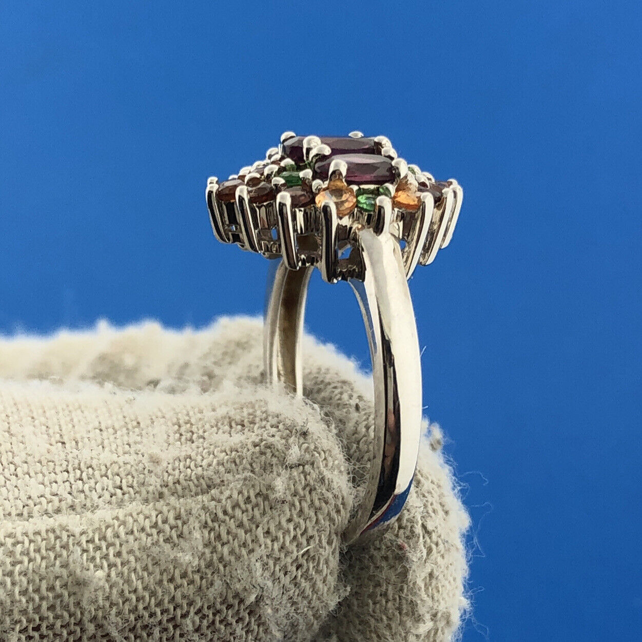 Sterling Silver Pink Tourmaline Peridot Citrine Cluster Cocktail Ring