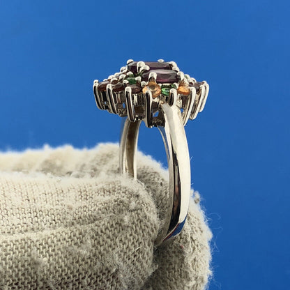 Sterling Silver Pink Tourmaline Peridot Citrine Cluster Cocktail Ring