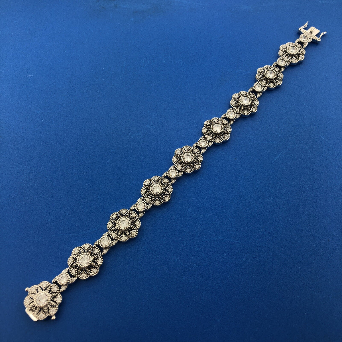 Designer 925 Sterling Silver Cubic Zirconia Floral Flower Panel Tennis Bracelet