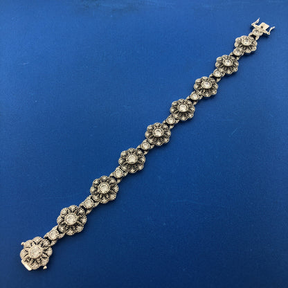 Designer 925 Sterling Silver Cubic Zirconia Floral Flower Panel Tennis Bracelet