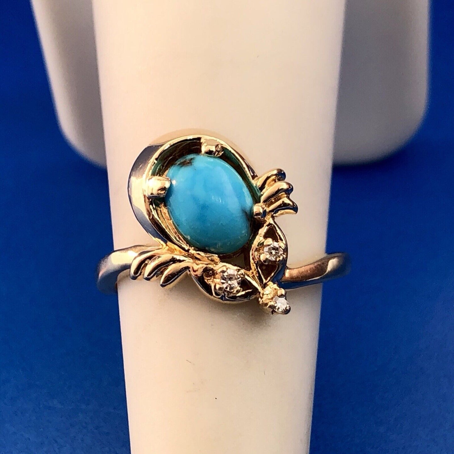Vintage 14K Yellow Gold Diamond Turquoise Free Form Cocktail Ring