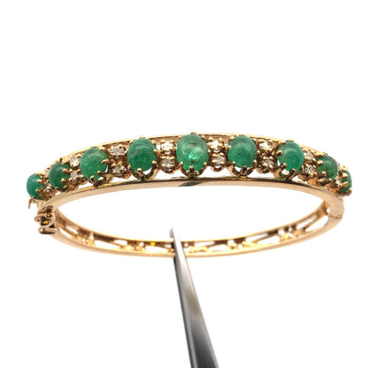 Designer 14k Yellow Gold Cabochon Emerald Diamond Hinged Cuff Bangle Bracelet