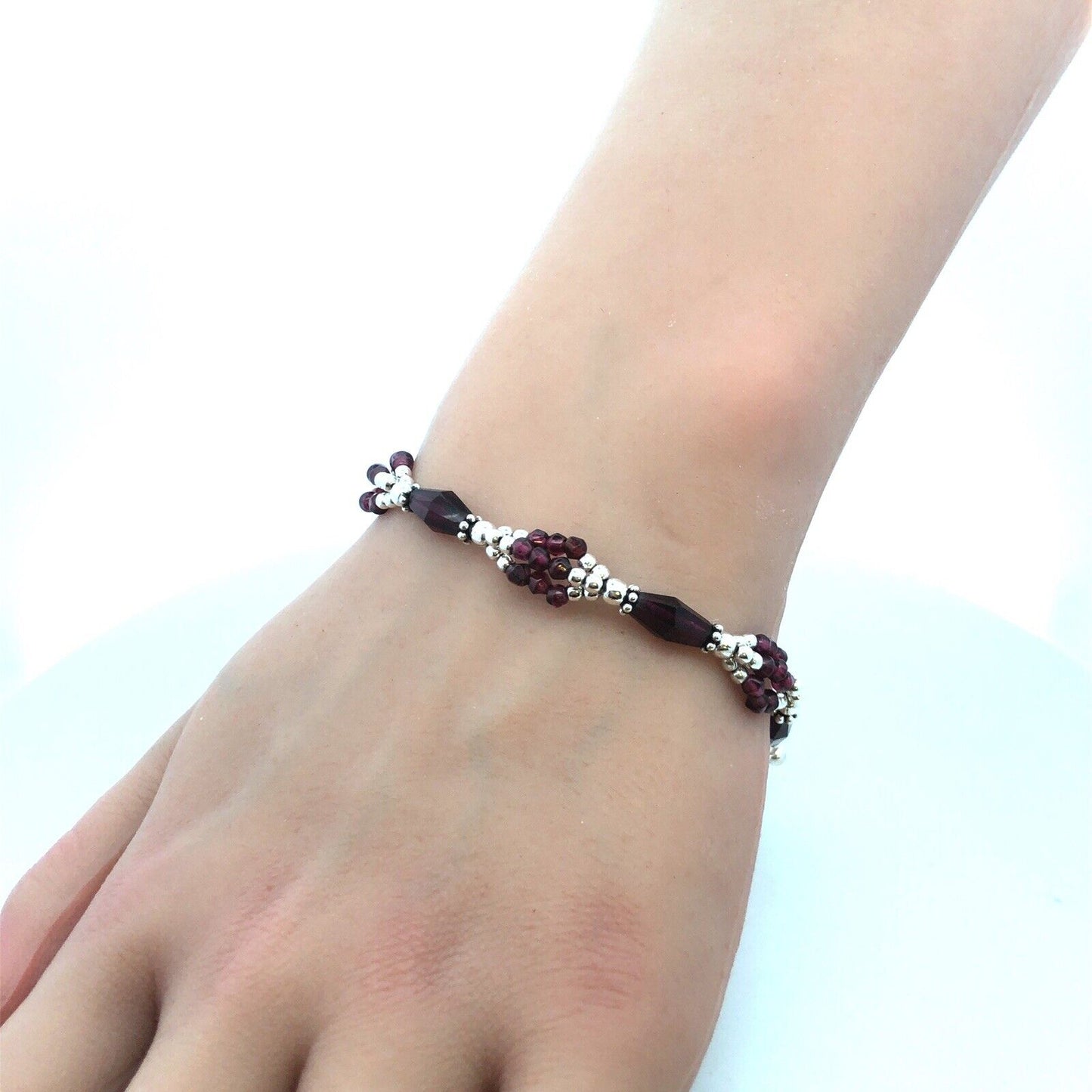 Designer 925 Sterling Silver Amethyst Beaded Textured Toggle Bracelet