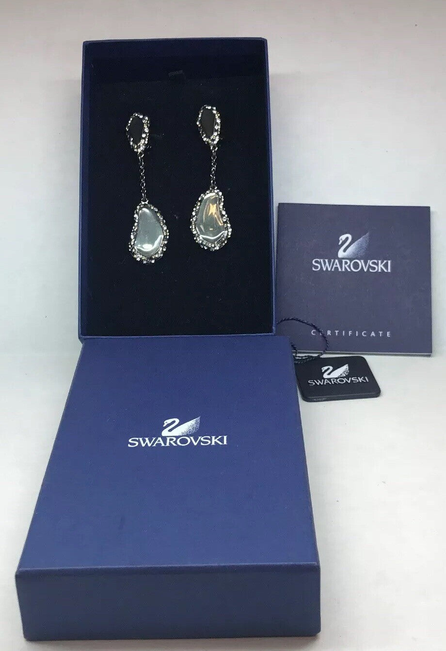 Vintage Swarovski Obsidian Crystal Modernist Free Form Clip Earrings Box
