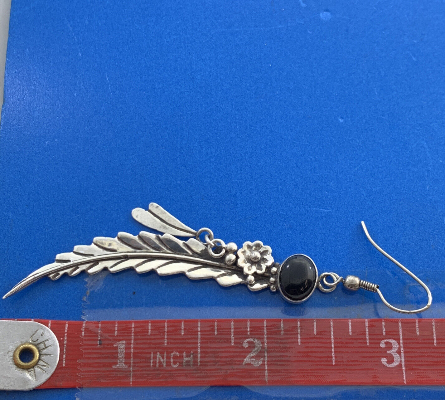 Vintage Native American 925 Sterling Silver Black Onyx Dangle Feather Earrings