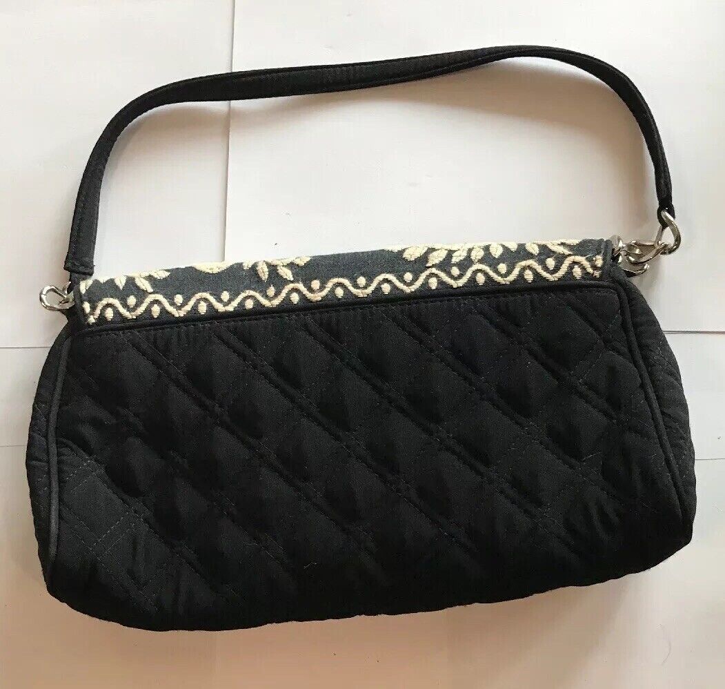 Vera Bradley Black Quilted Microfiber White Embroidered Clutch With Straps