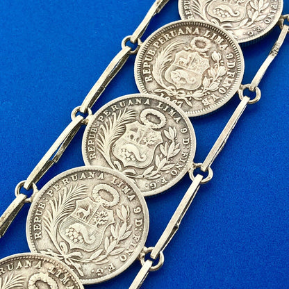 Vintage 925 Sterling Silver 900 Fine Peru 1/5 Sol Eight Coin Panel Bracelet