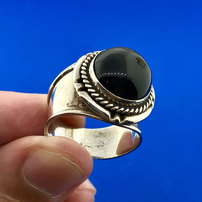 Designer Sterling Silver 925 Black Onyx Concho Style Wide Cigar Band Dome Ring