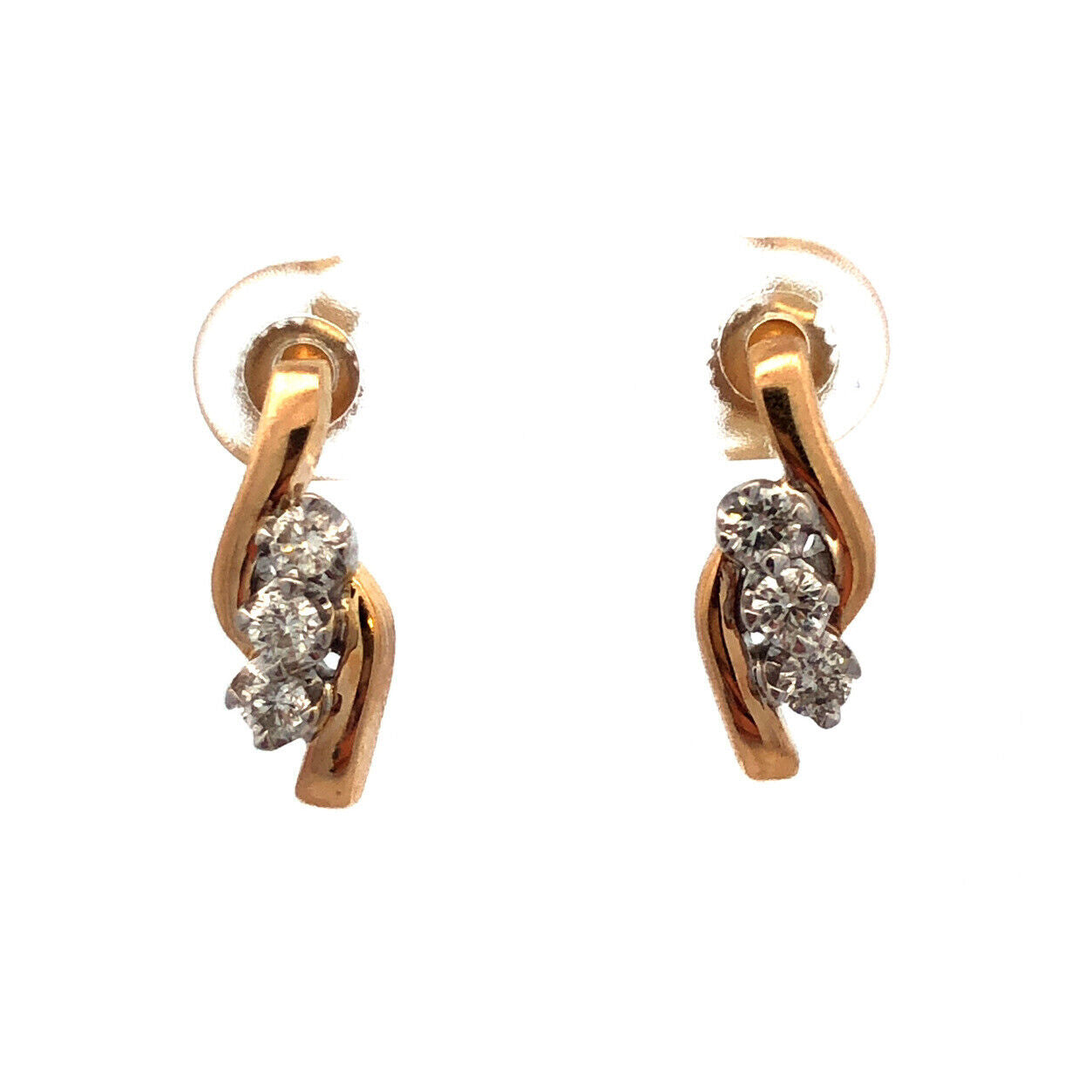 14K Yellow Gold Round Diamond Trio Modernist Anniversary Stud Earrings