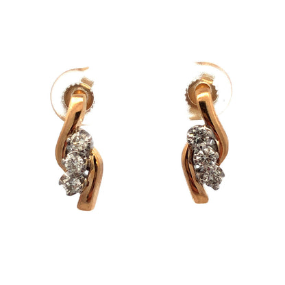 14K Yellow Gold Round Diamond Trio Modernist Anniversary Stud Earrings