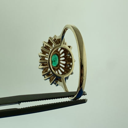 Vintage 14K Yellow Gold Oval Emerald Diamond Starburst Halo May Anniversary Ring