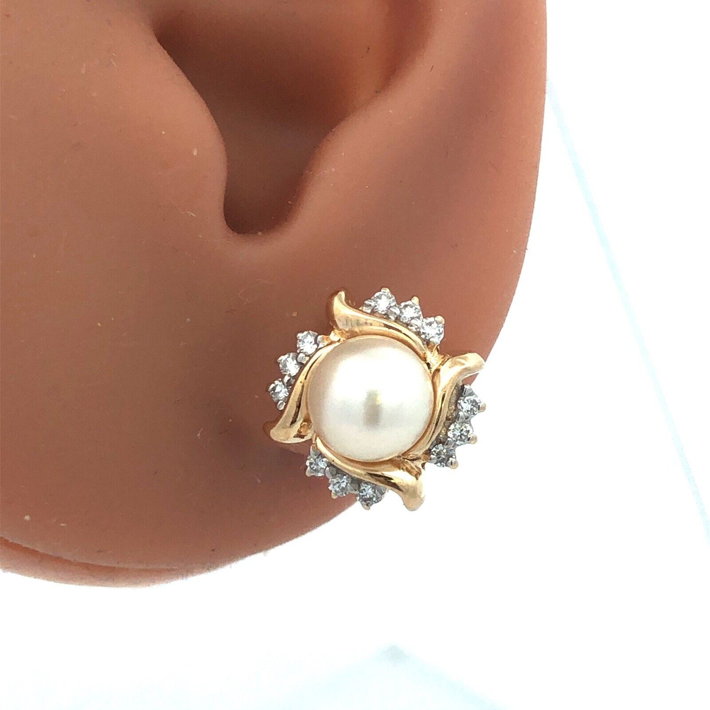 Designer 14K Yellow Gold Pearl Diamond Halo Statement Stud Earrings