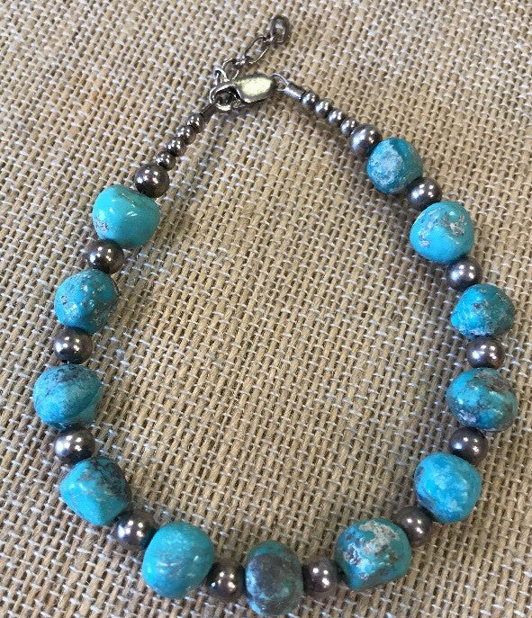 Vintage Artisan Sterling Silver 925 Natural Turquoise Bead Bracelet