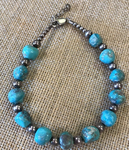 Vintage Artisan Sterling Silver 925 Natural Turquoise Bead Bracelet