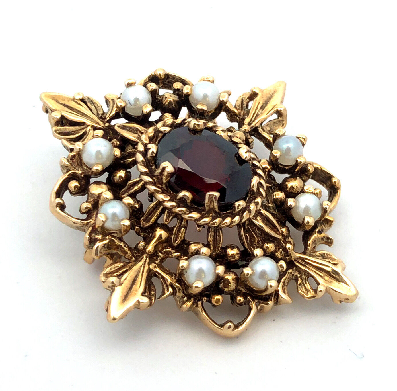 Vintage 14K Yellow Gold Oval Garnet Pearl Accented Statement Pendant
