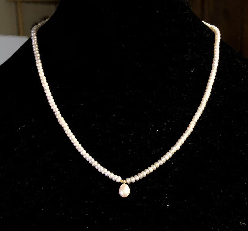 14K Yellow Gold Grey Button Pearl Beaded Drop Pearl Pendant Necklace