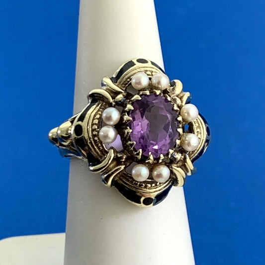 Art Nouveau 14K Yellow Gold Oval Amethyst Pearl Black Enamel Cocktail Ring