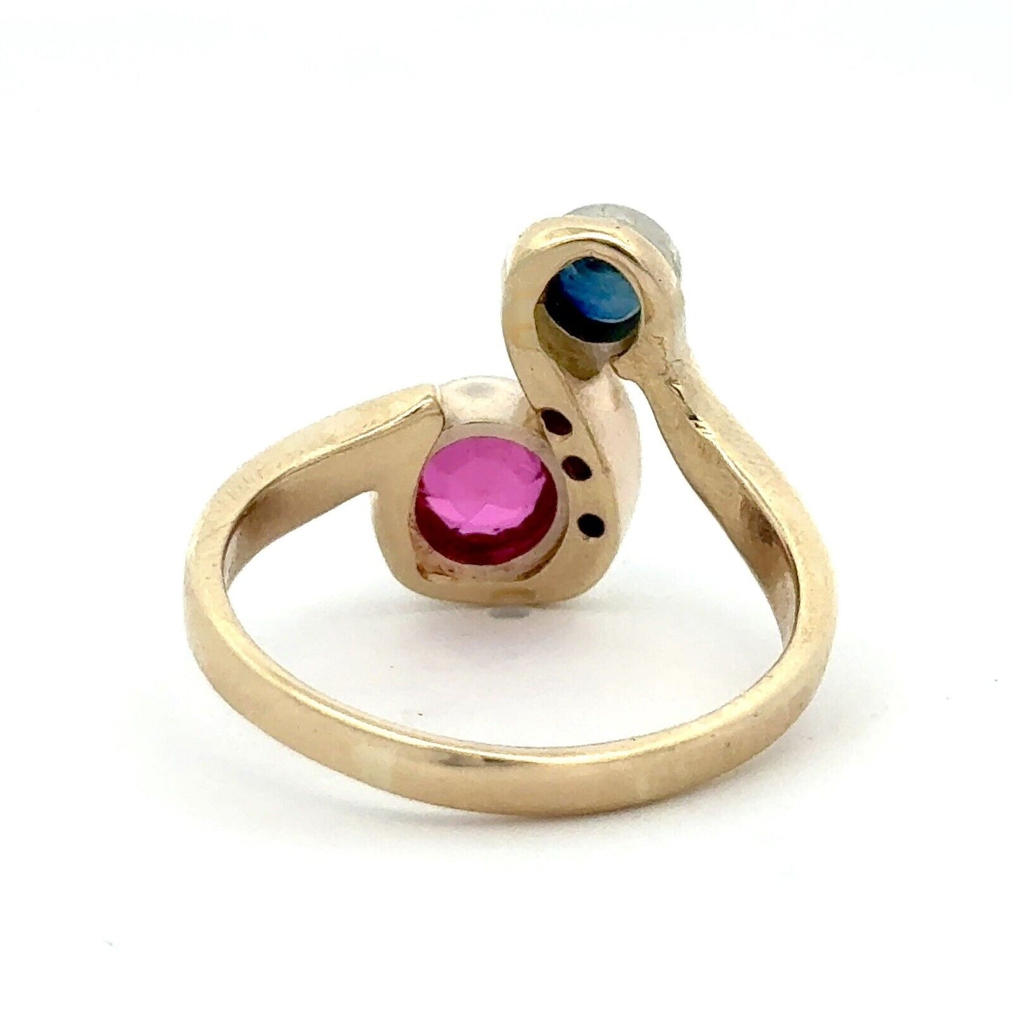 Vintage Custom 14K Yellow Gold Round Blue Sapphire Ruby Diamond Bypass Ring