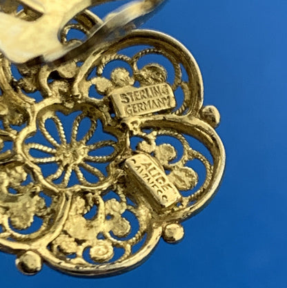 Mid Century Alice Caviness Germany Sterling Silver Vermeil Filigree Earrings