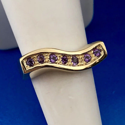 Modernist 14k Yellow Gold Italy Curved Amethyst February Anniversary Band Ring