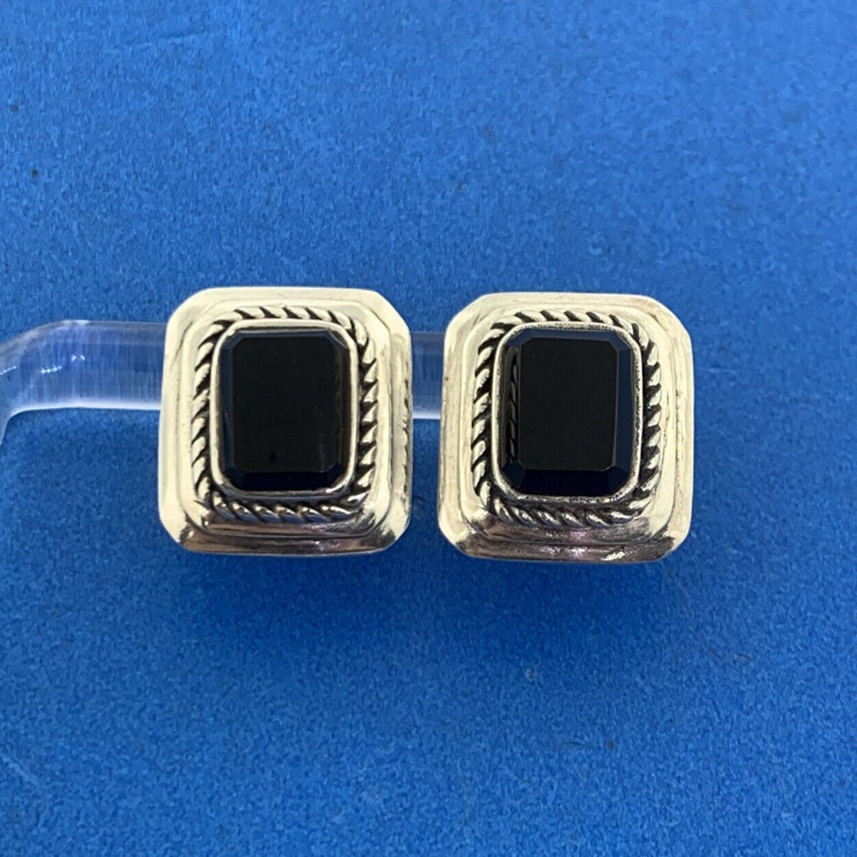 Vintage 925 Sterling Silver Rectangle Black Onyx Statement Stud Earrings