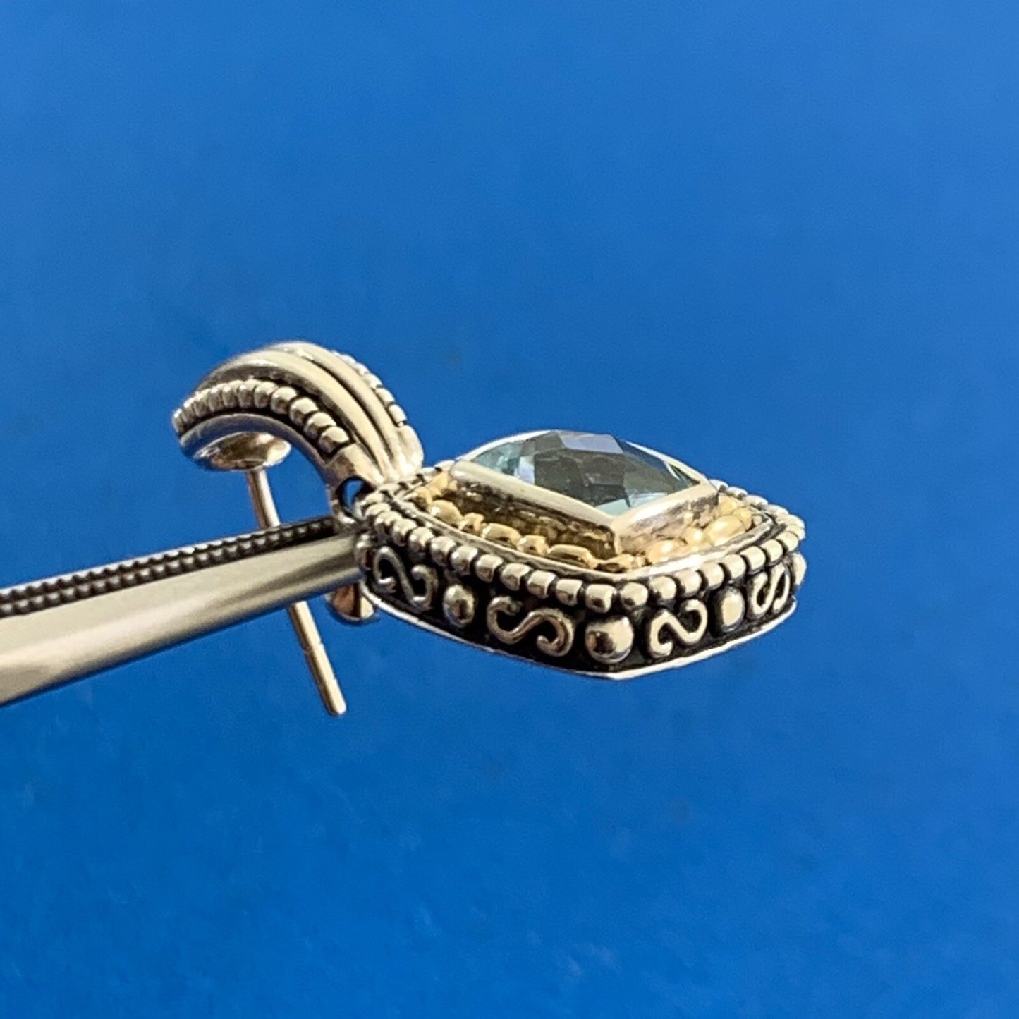 Designer 925 Sterling Silver 14K Gold Cushion Cut Blue Topaz Omega Back Earrings