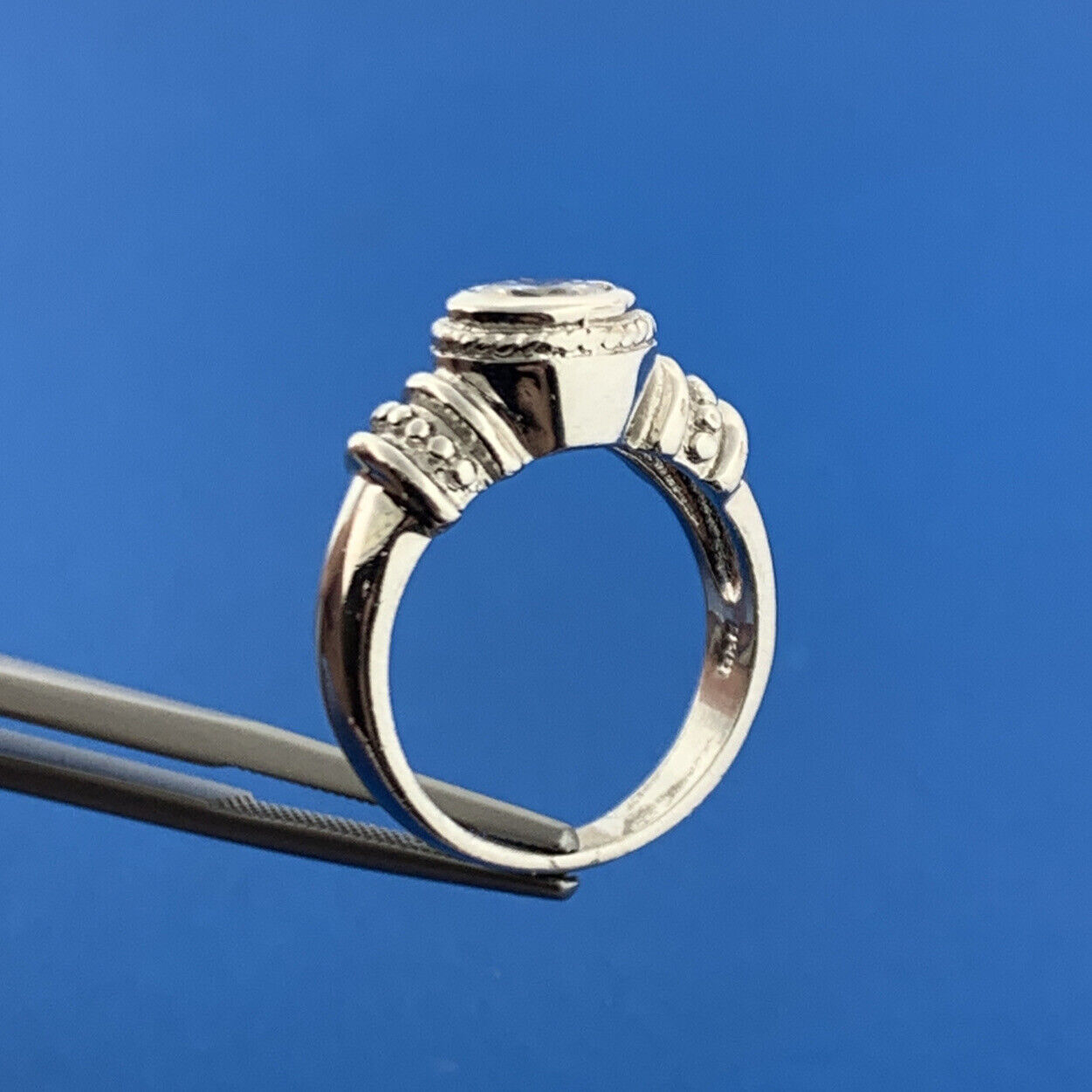 Sterling Silver 925 Solitaire Cubic Zirconia CZ Cable Beaded Cocktail Ring