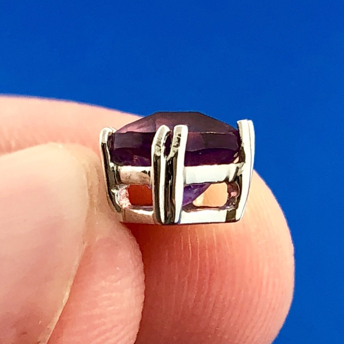 Designer 14K White Gold Cushion Cut Amethyst Diamond Accent Charm Pendant
