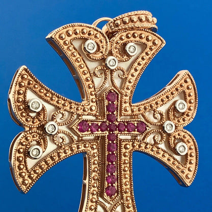 14k Yellow Gold Diamond Ruby Mother of Pearl Reversible Cross Enhancer Pendant