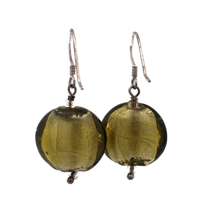 Estate 925 Sterling Silver Round Lime Green Dichroic Glass Hook Dangle Earrings
