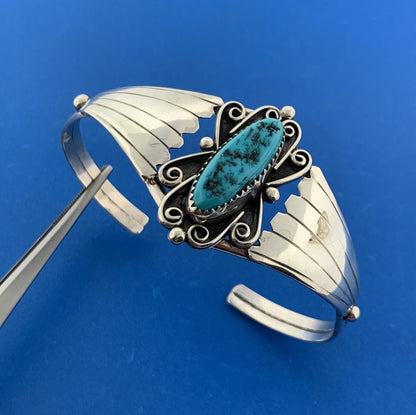 Designer CY Sterling Silver 925 Turquoise Native American Open Cuff 6" Bracelet